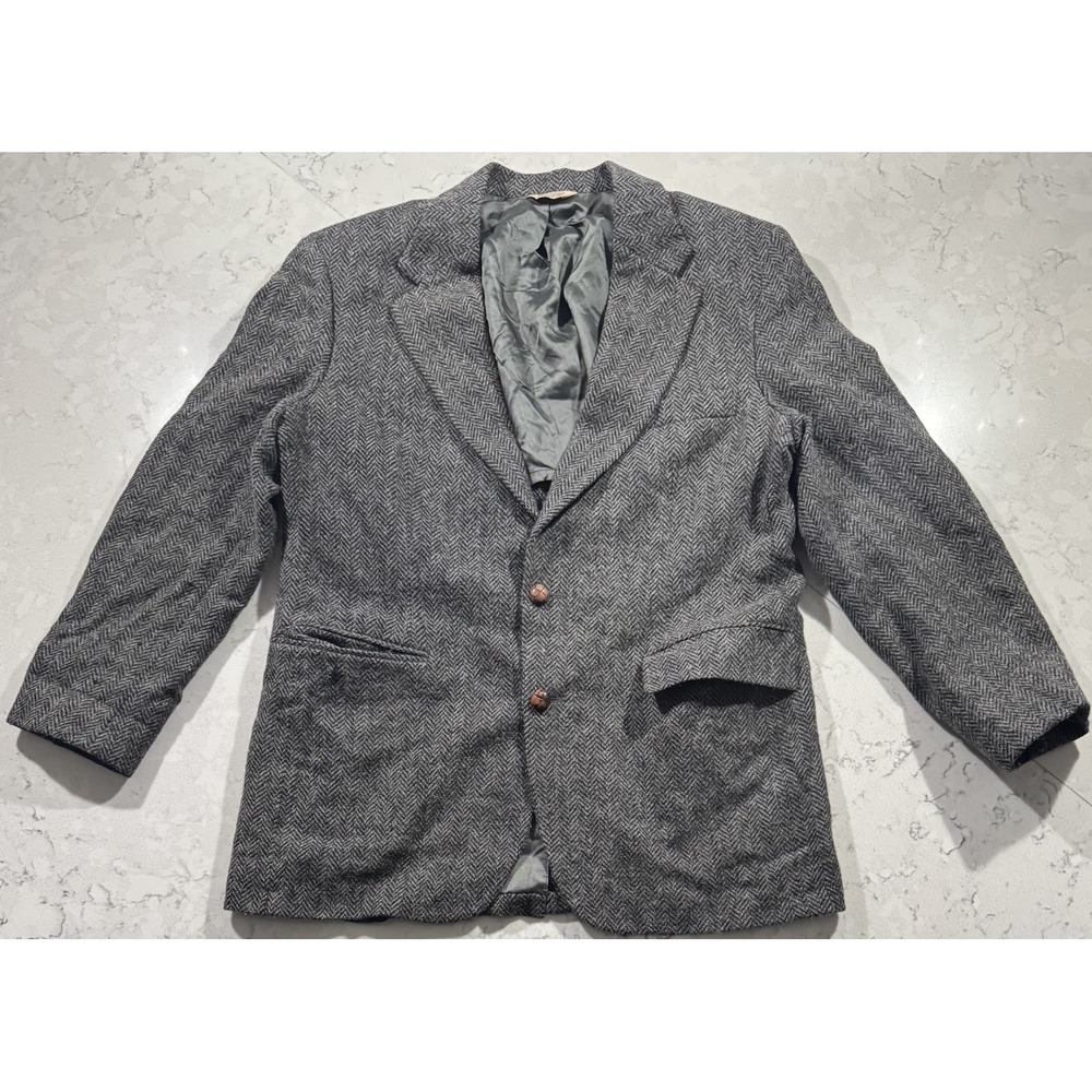 VTG 70s Sears Oakbrook Herringbone Tweed Wool Sport Coat Blazer Mens 40R Gray